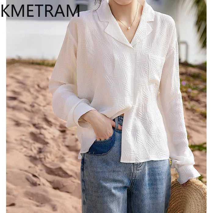 KMETRAM Spring Real Mulberry Silk Blouse White Shirts High Quality Tops for Woman Clothing