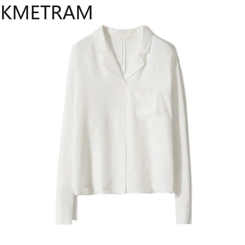 KMETRAM Spring Real Mulberry Silk Blouse White Shirts High Quality Tops for Woman Clothing